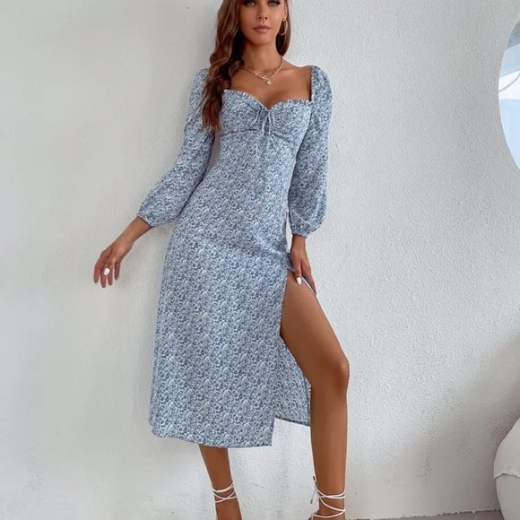 Boho Blue Floral Print Sweetheart Neck Slit Midi Dress - Picture 2 of 4